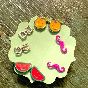 4pc Pair Of Small Earrings, Fun, Art, Character, Mustache, Glasses